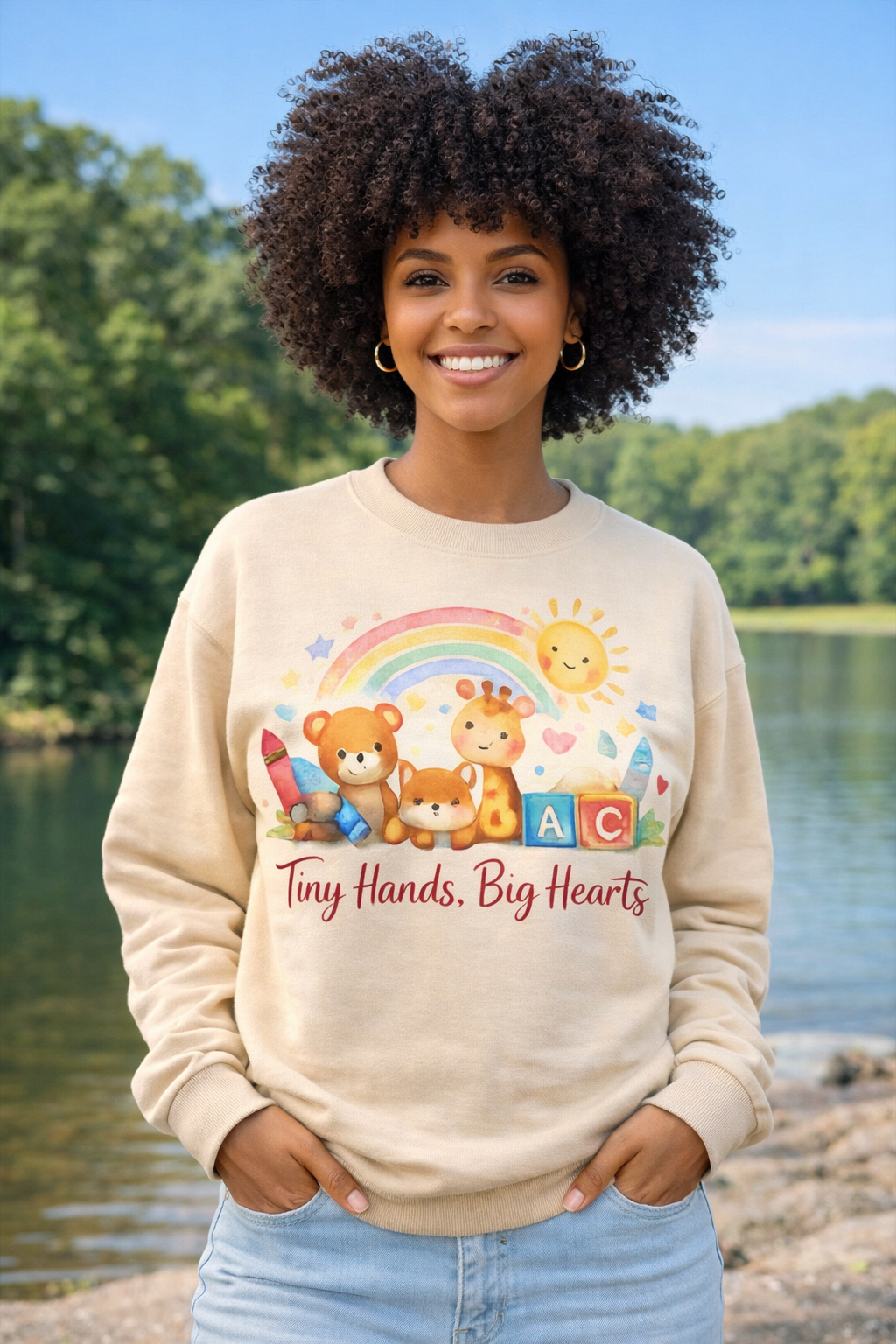 Tiny Hands Big Hearts Teacher Sweatshirt | Daycare Teacher Gift | Cozy Crewneck for Educators