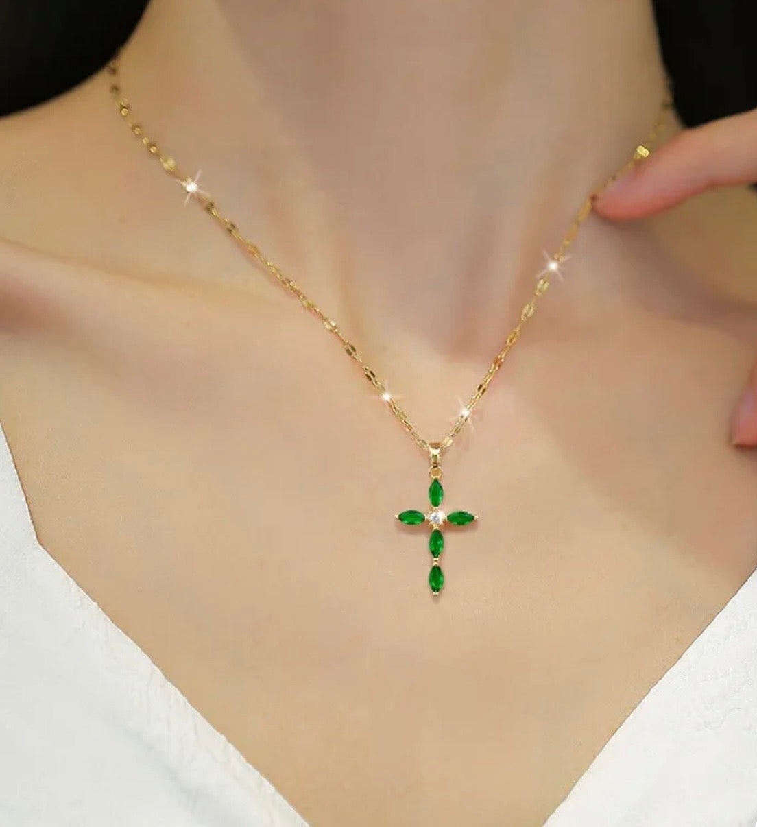 Emerald Green Cross charm chain