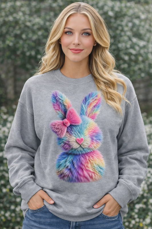 Rainbow Bunny Sweatshirt – Cute Pastel Easter Bunny Crewneck – Colorful Spring Pullover