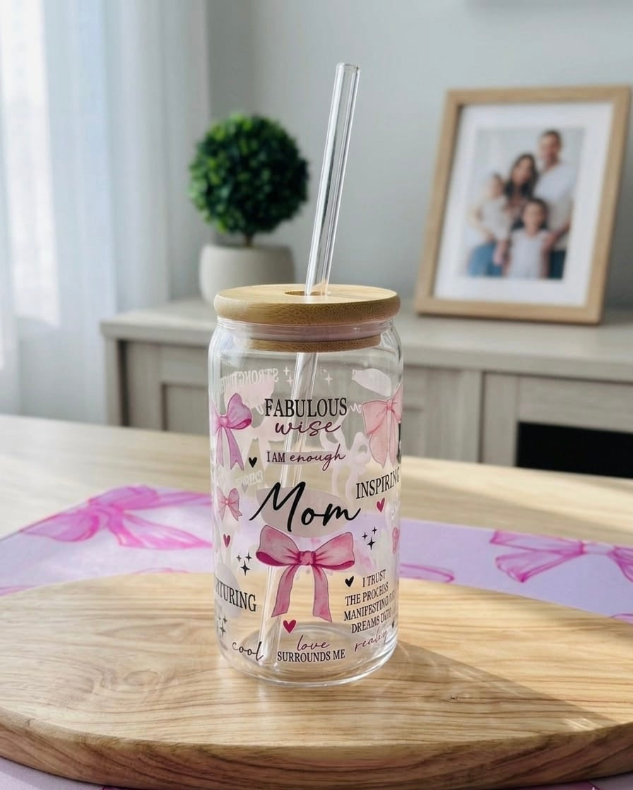 Mom Affirmation Glass Cup | Nohe Bloom Co. | Inspirational Mama Tumbler with Bamboo Lid. 16 oz