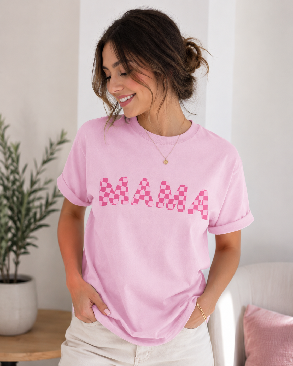Mama Checkerboard Tee – Pink