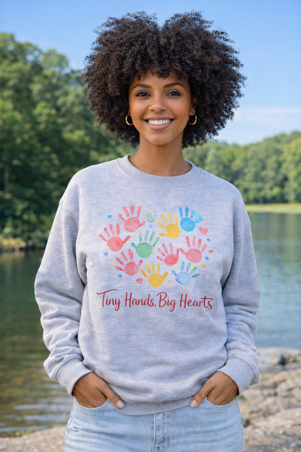 Tiny Hands Big Hearts Teacher Sweatshirt | Daycare Teacher Gift | Cozy Crewneck for Educators
