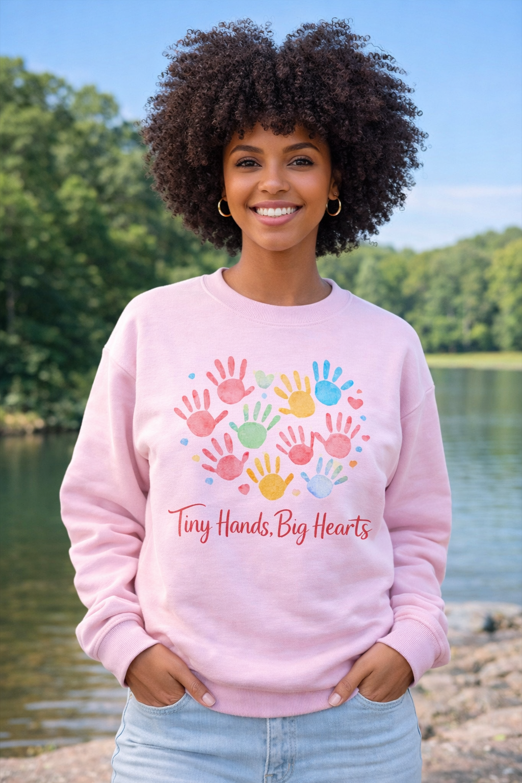 Tiny Hands Big Hearts Teacher Sweatshirt | Daycare Teacher Gift | Cozy Crewneck for Educators